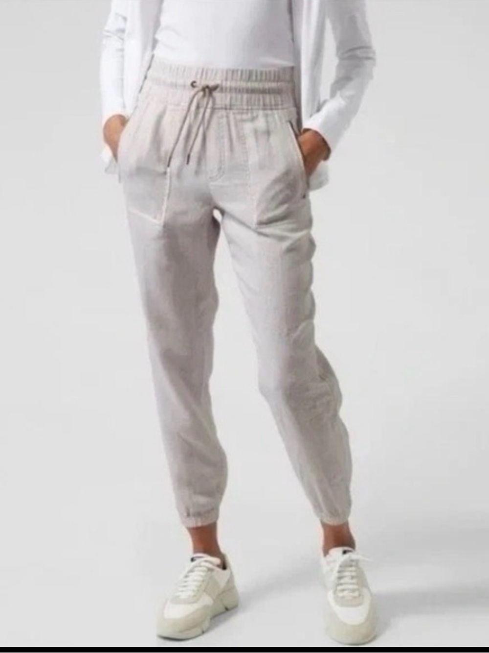Athleta Women's Linen Jogger Pants Size 8P Beige Leopard Drawstring Zip Pockets